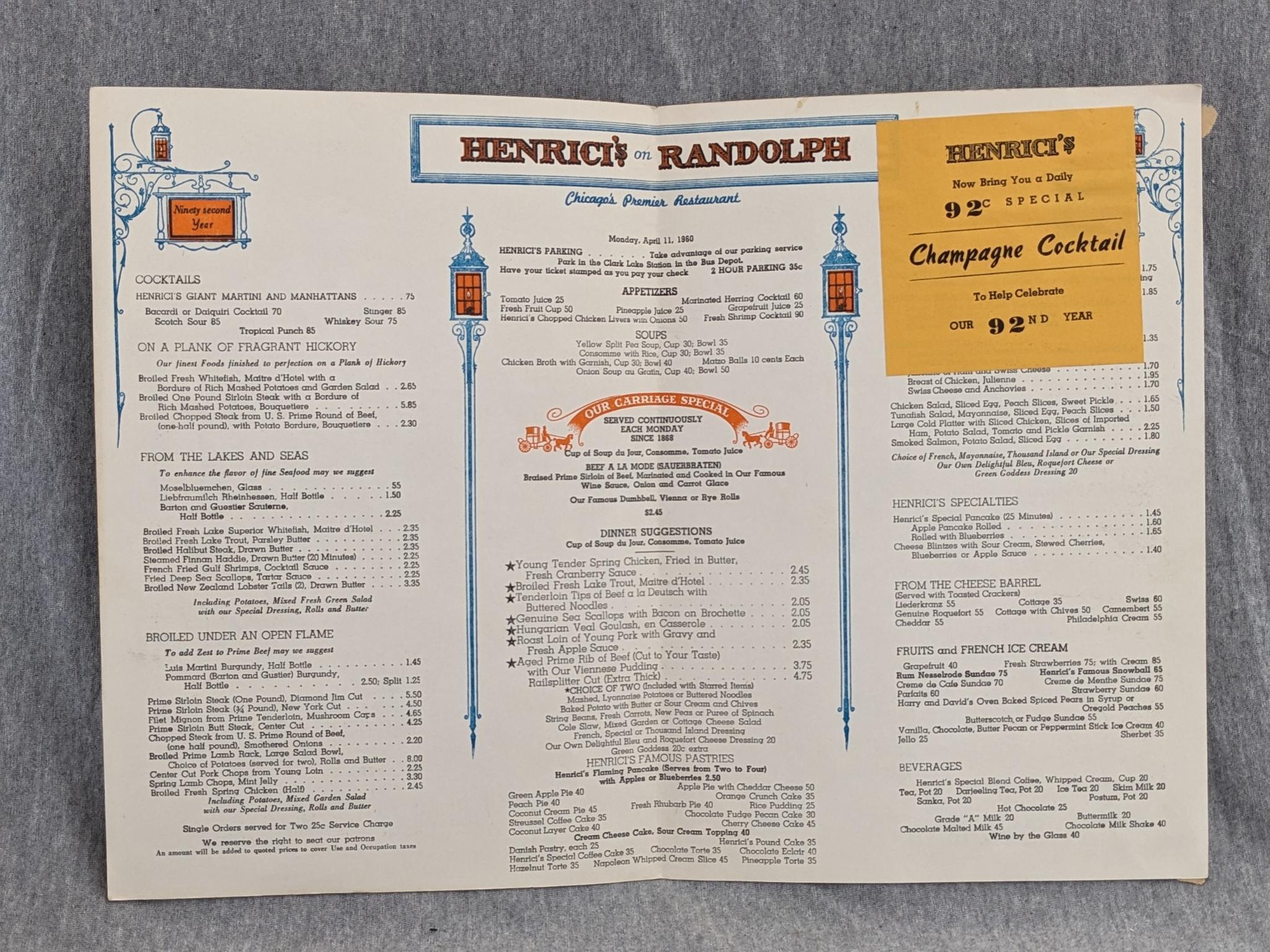 Theatre Playboard "Redhead", Hercules Cortez poster, Henrici on Randolph menu form 1951, Dennis the