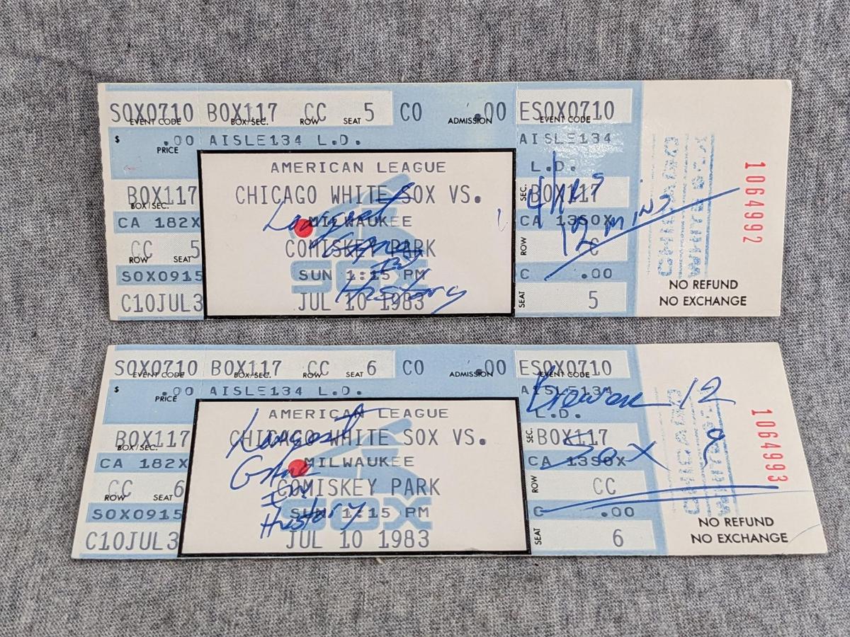 Two ticket stubs from the July 10, 1983 Brewers vs White Sox game - Longest Game in History (4hr 12