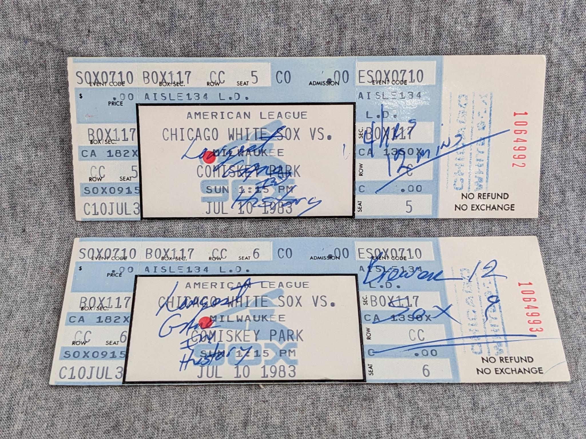 Two ticket stubs from the July 10, 1983 Brewers vs White Sox game - Longest Game in History (4hr 12
