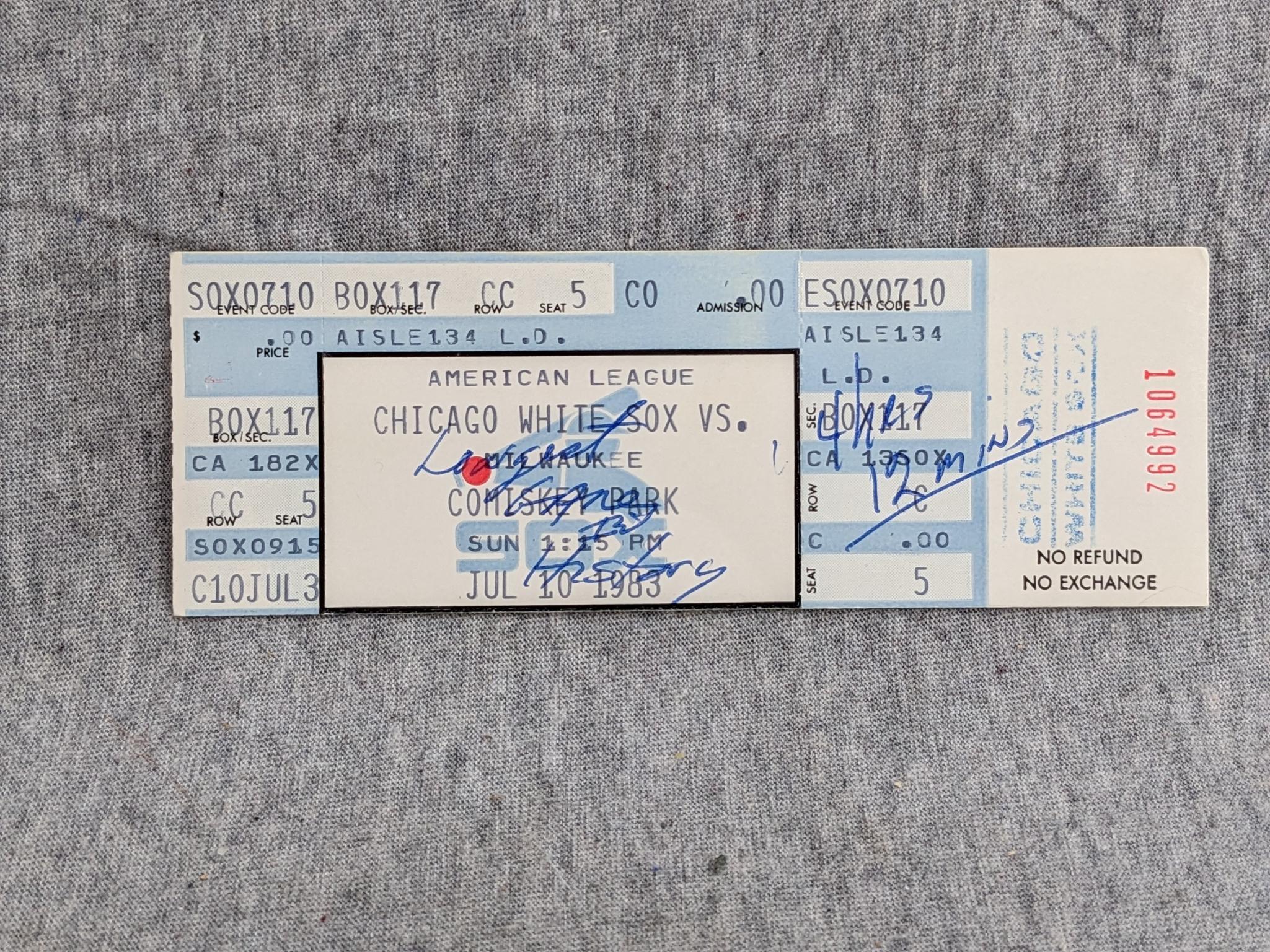 Two ticket stubs from the July 10, 1983 Brewers vs White Sox game - Longest Game in History (4hr 12