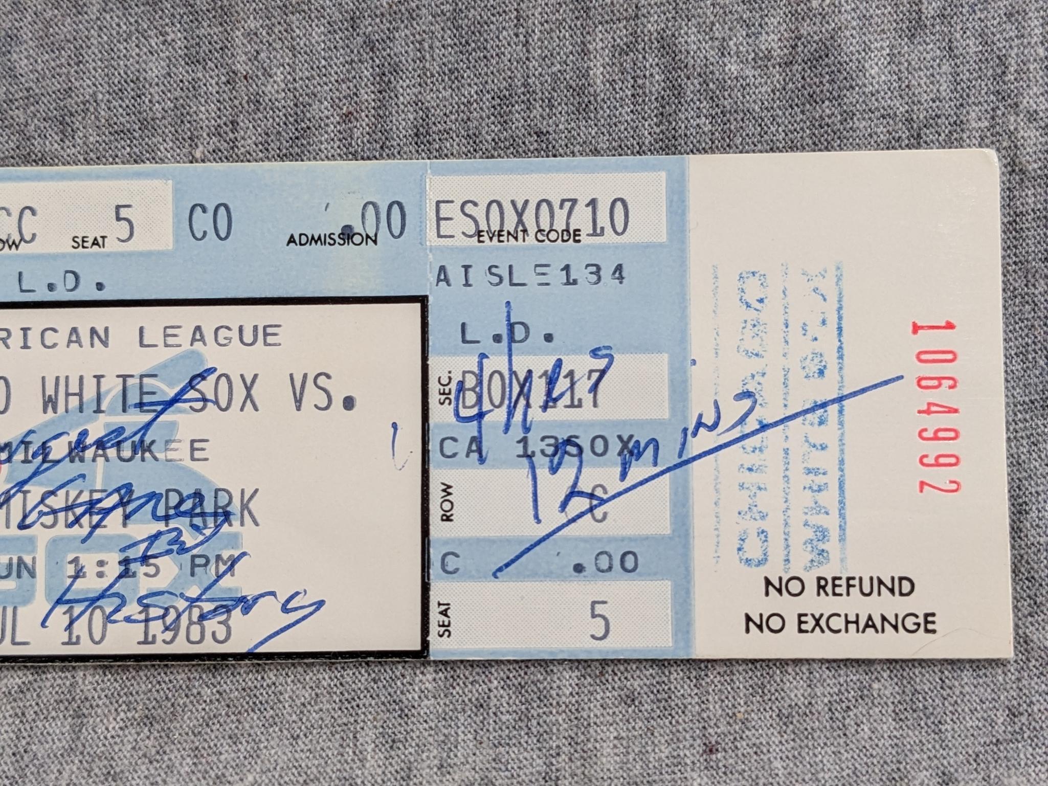 Two ticket stubs from the July 10, 1983 Brewers vs White Sox game - Longest Game in History (4hr 12