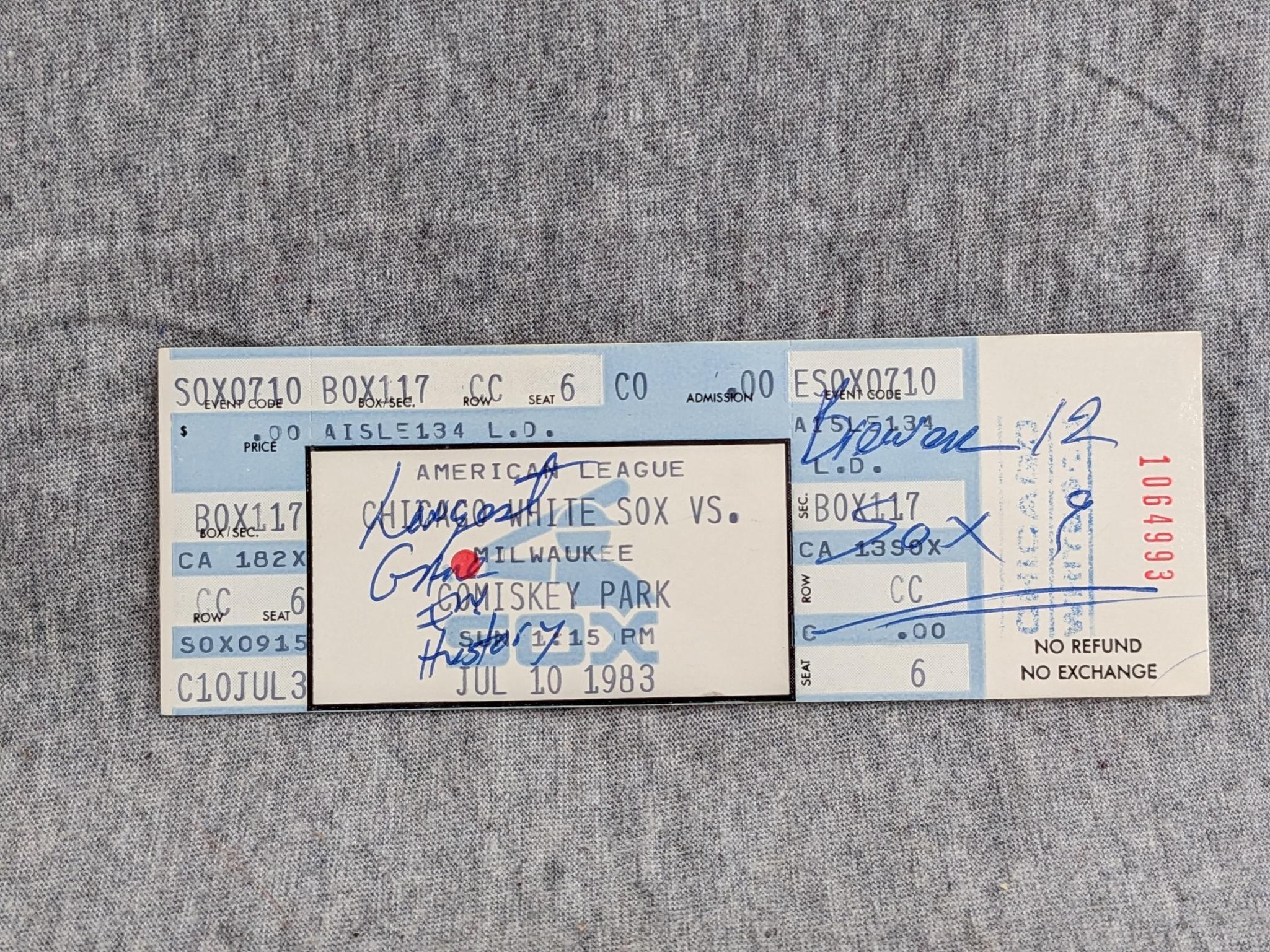 Two ticket stubs from the July 10, 1983 Brewers vs White Sox game - Longest Game in History (4hr 12