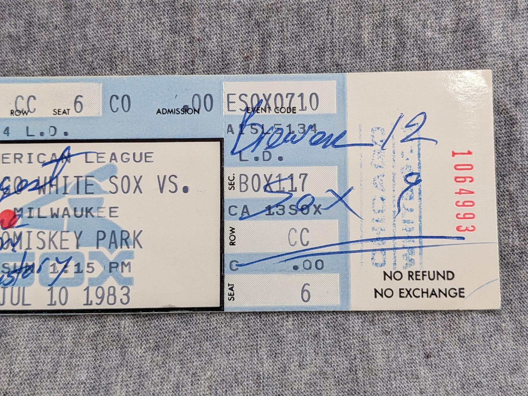 Two ticket stubs from the July 10, 1983 Brewers vs White Sox game - Longest Game in History (4hr 12