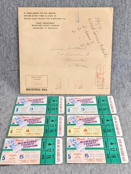 1957 World Series Milwaukee Braves vs New York Yankees ticket stubs for the same side-by-side seats