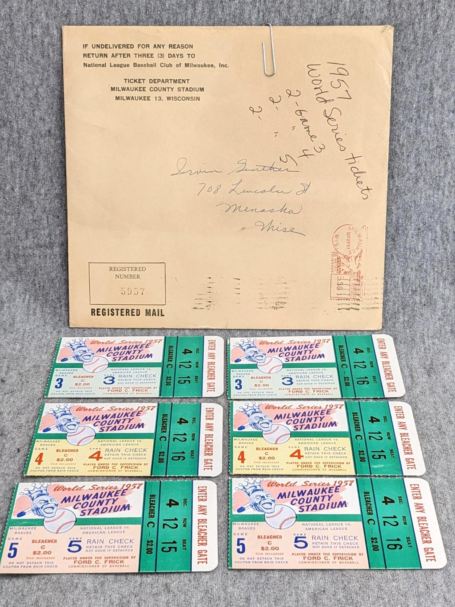 1957 World Series Milwaukee Braves vs New York Yankees ticket stubs for the same side-by-side seats
