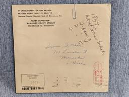 1957 World Series Milwaukee Braves vs New York Yankees ticket stubs for the same side-by-side seats