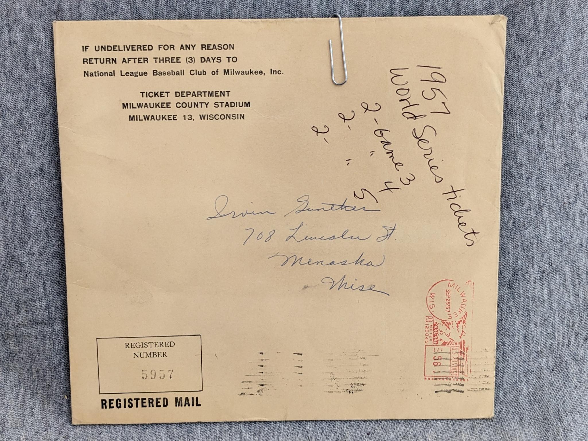 1957 World Series Milwaukee Braves vs New York Yankees ticket stubs for the same side-by-side seats