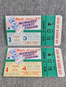 1957 World Series Milwaukee Braves vs New York Yankees ticket stubs for the same side-by-side seats