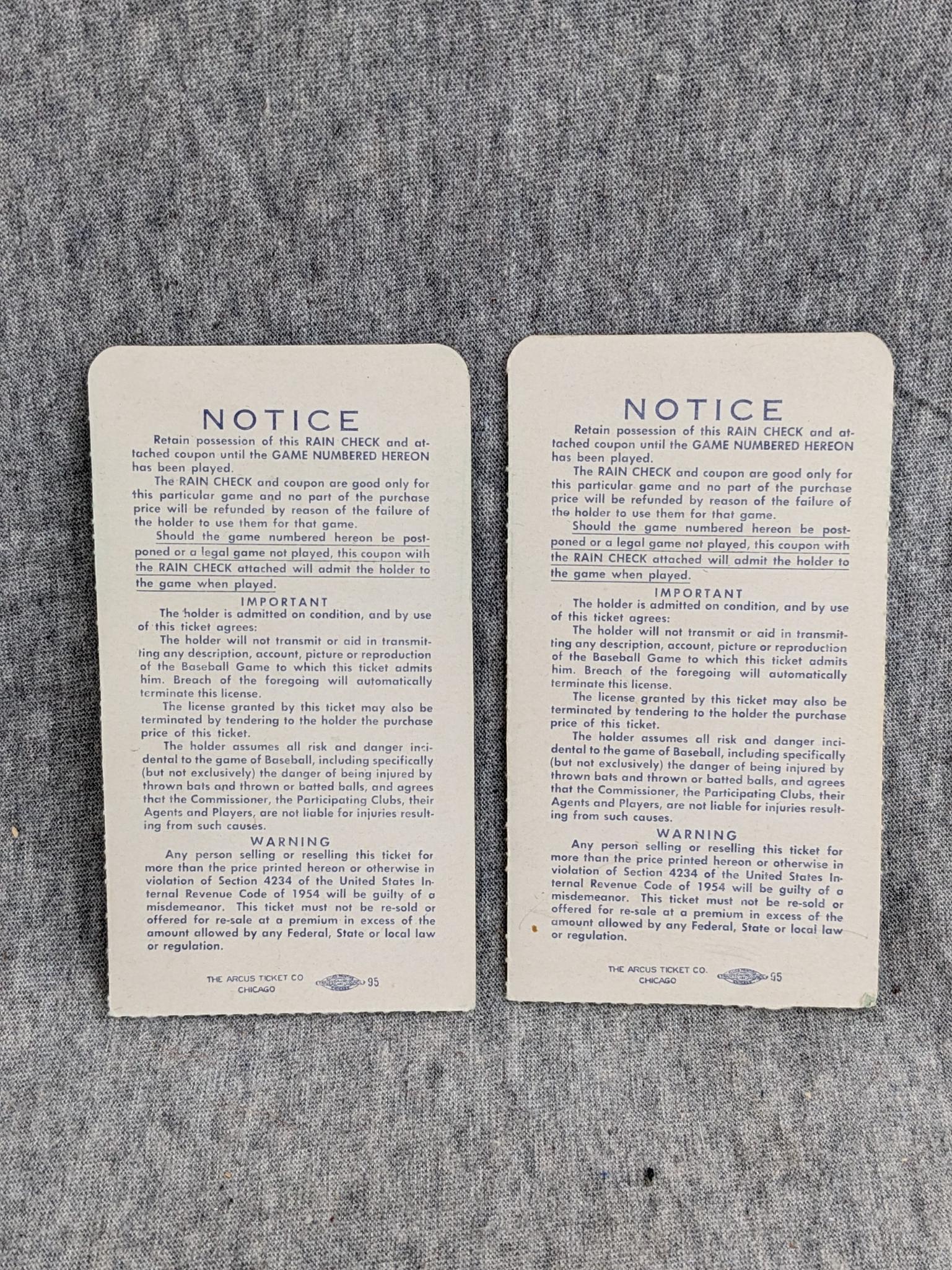 1957 World Series Milwaukee Braves vs New York Yankees ticket stubs for the same side-by-side seats