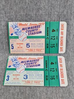 1957 World Series Milwaukee Braves vs New York Yankees ticket stubs for the same side-by-side seats