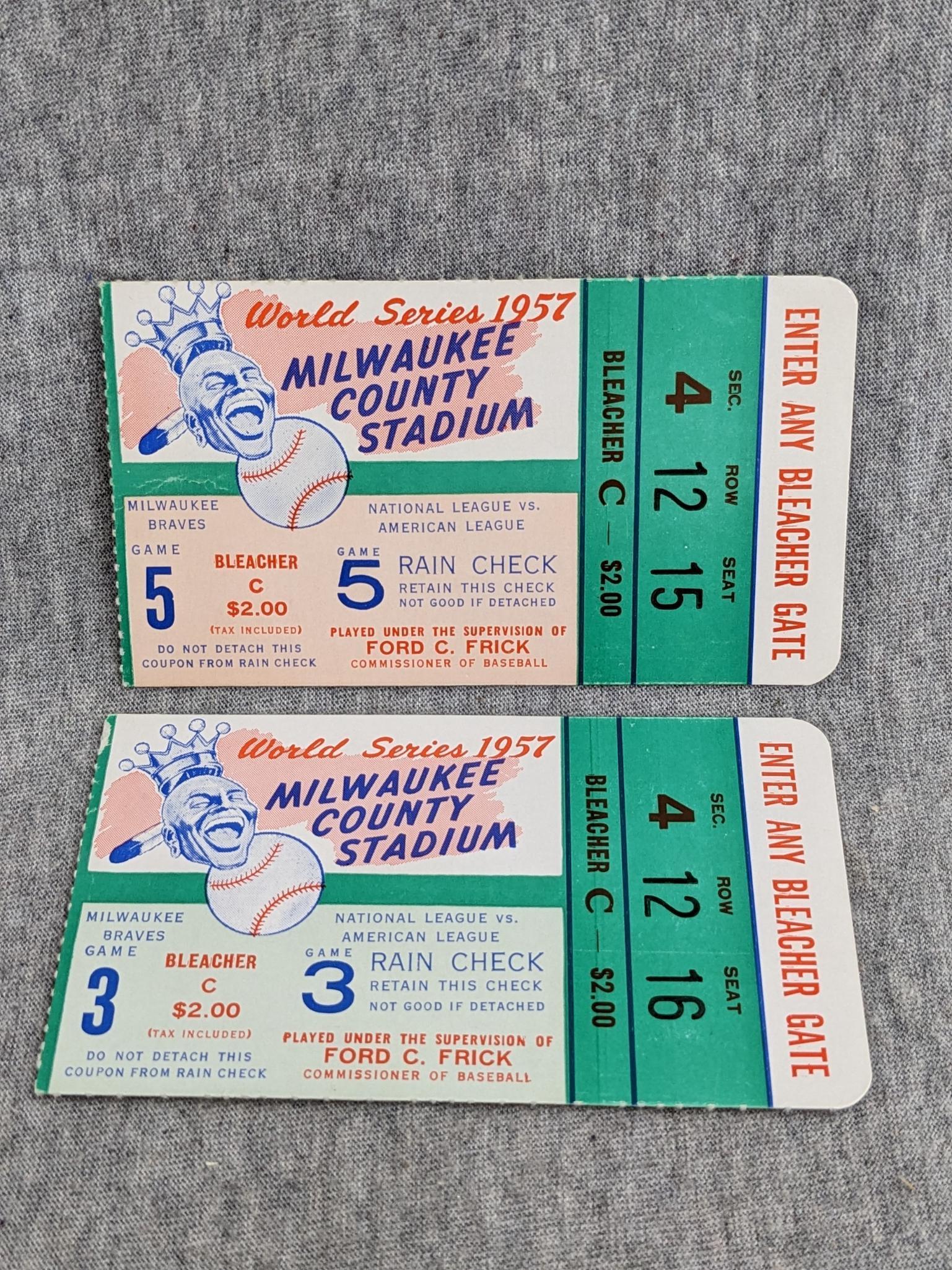 1957 World Series Milwaukee Braves vs New York Yankees ticket stubs for the same side-by-side seats