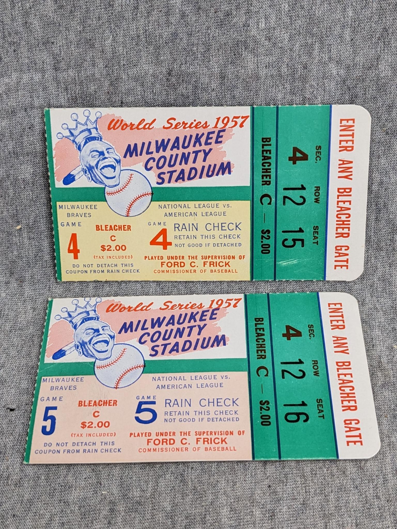 1957 World Series Milwaukee Braves vs New York Yankees ticket stubs for the same side-by-side seats