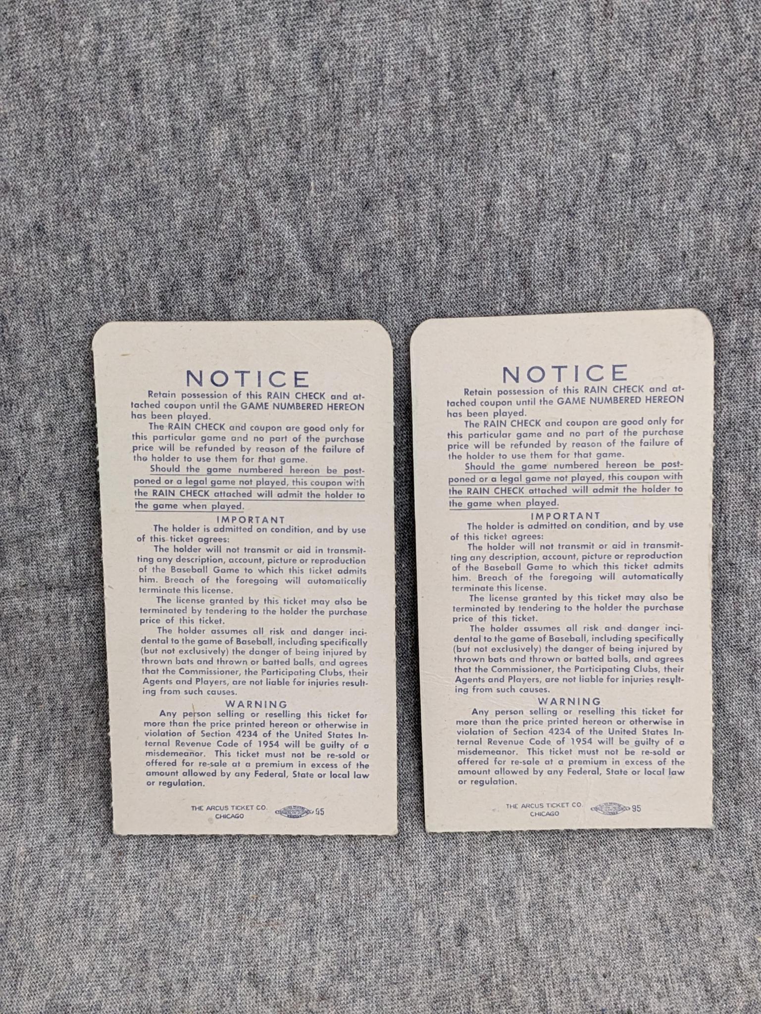 1957 World Series Milwaukee Braves vs New York Yankees ticket stubs for the same side-by-side seats