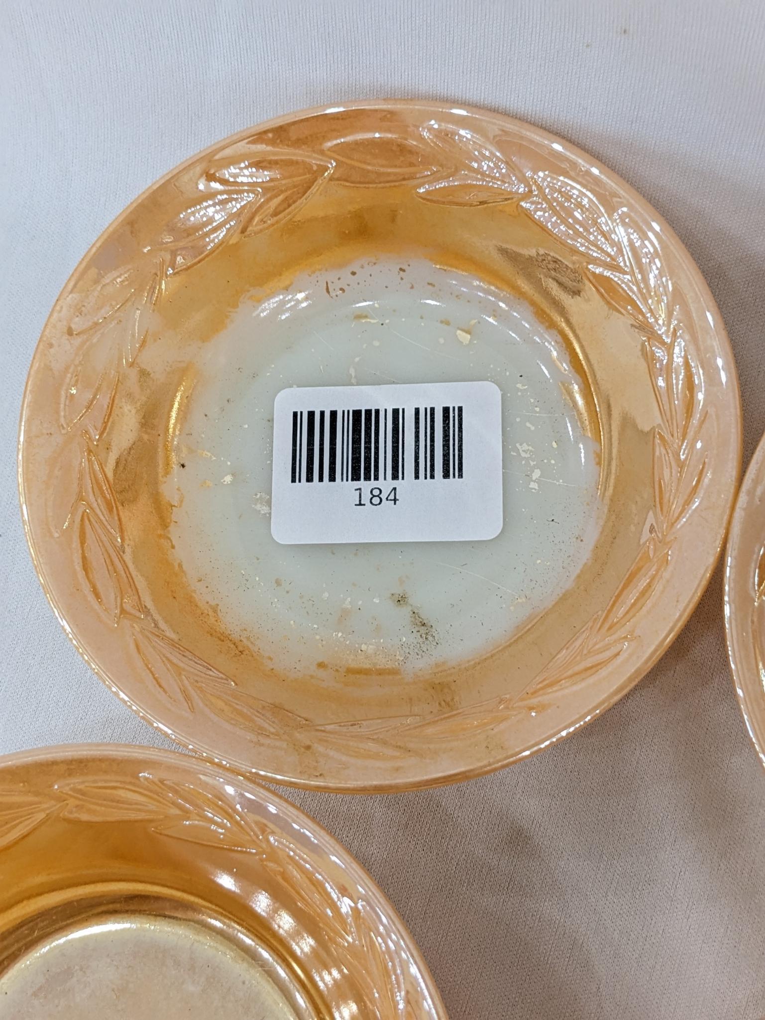 Fire King Peach Luster Laurel Leaf berry bowls, set of 4; measures 5 x 1-1/4".