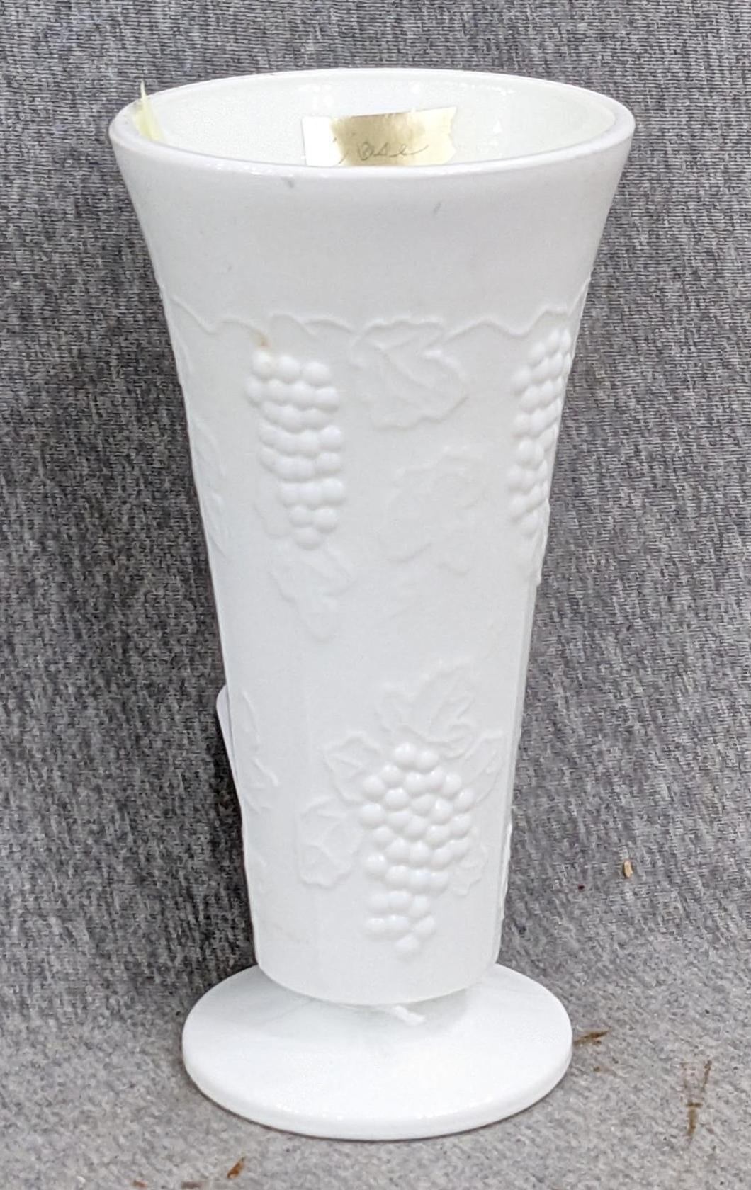 Indiana Harvest Grape milk glass vase is 7-1/2" tall and appears in good condition.