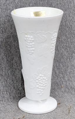 Indiana Harvest Grape milk glass vase is 7-1/2" tall and appears in good condition.