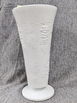 Indiana Harvest Grape milk glass vase is 7-1/2" tall and appears in good condition.