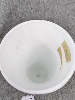 Indiana Harvest Grape milk glass vase is 7-1/2" tall and appears in good condition.