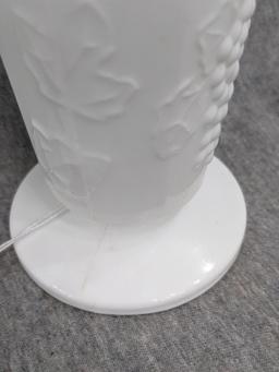 Indiana Harvest Grape milk glass vase is 7-1/2" tall and appears in good condition.