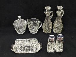 Anchor Hocking Early American Prescut set with original box. Incl cruets, salt and pepper shakers,