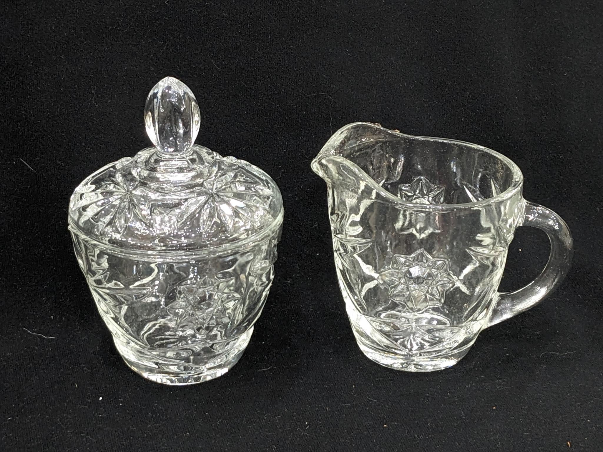 Anchor Hocking Early American Prescut set with original box. Incl cruets, salt and pepper shakers,
