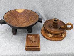 5" wooden dog box, 10-1/2" footed bowl, two hangable cutting boards (one is monkey wood, other