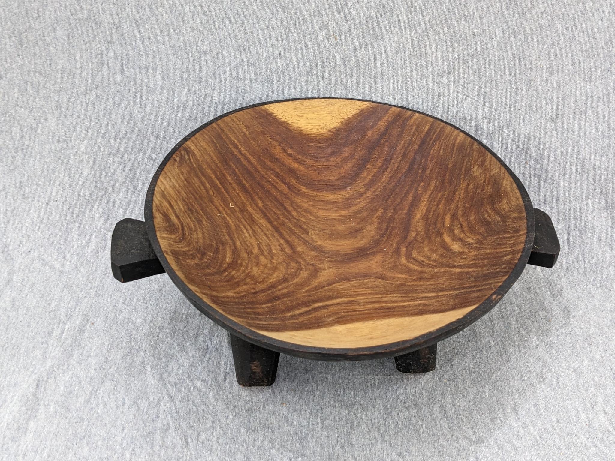 5" wooden dog box, 10-1/2" footed bowl, two hangable cutting boards (one is monkey wood, other