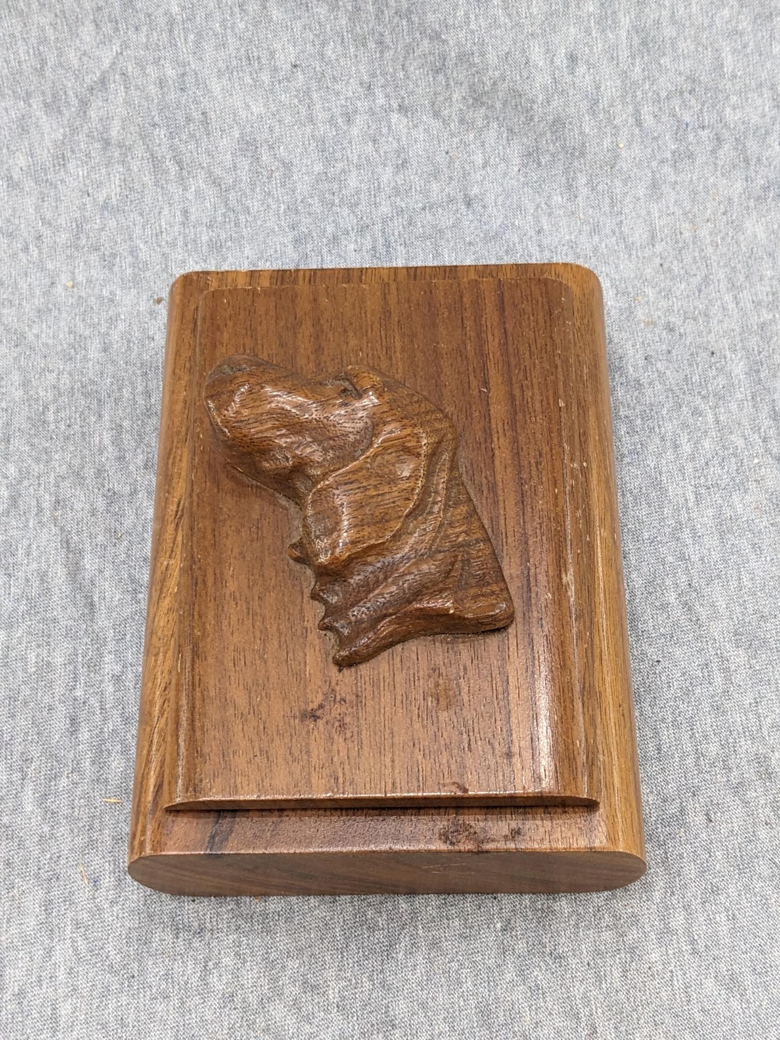 5" wooden dog box, 10-1/2" footed bowl, two hangable cutting boards (one is monkey wood, other