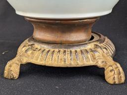 Pretty parlor oil lamp is 17" over chimney and has Eagle burner. For decoration only, notable chips