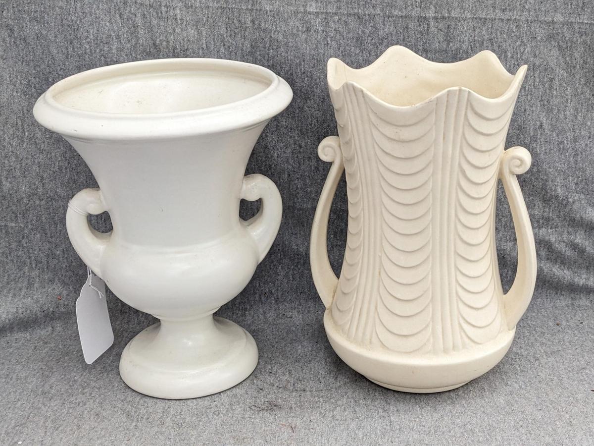 Haeger and other vase are both about 9-1/2" tall. Hairline crack noted on each rim, but otherwise
