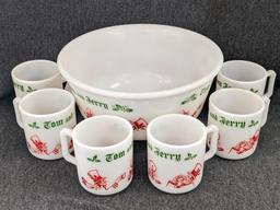 Vintage Hazel Atlas Tom and Jerry Eggnog bowl and cups. Bowl measures 9" wide, mugs are 3" tall all