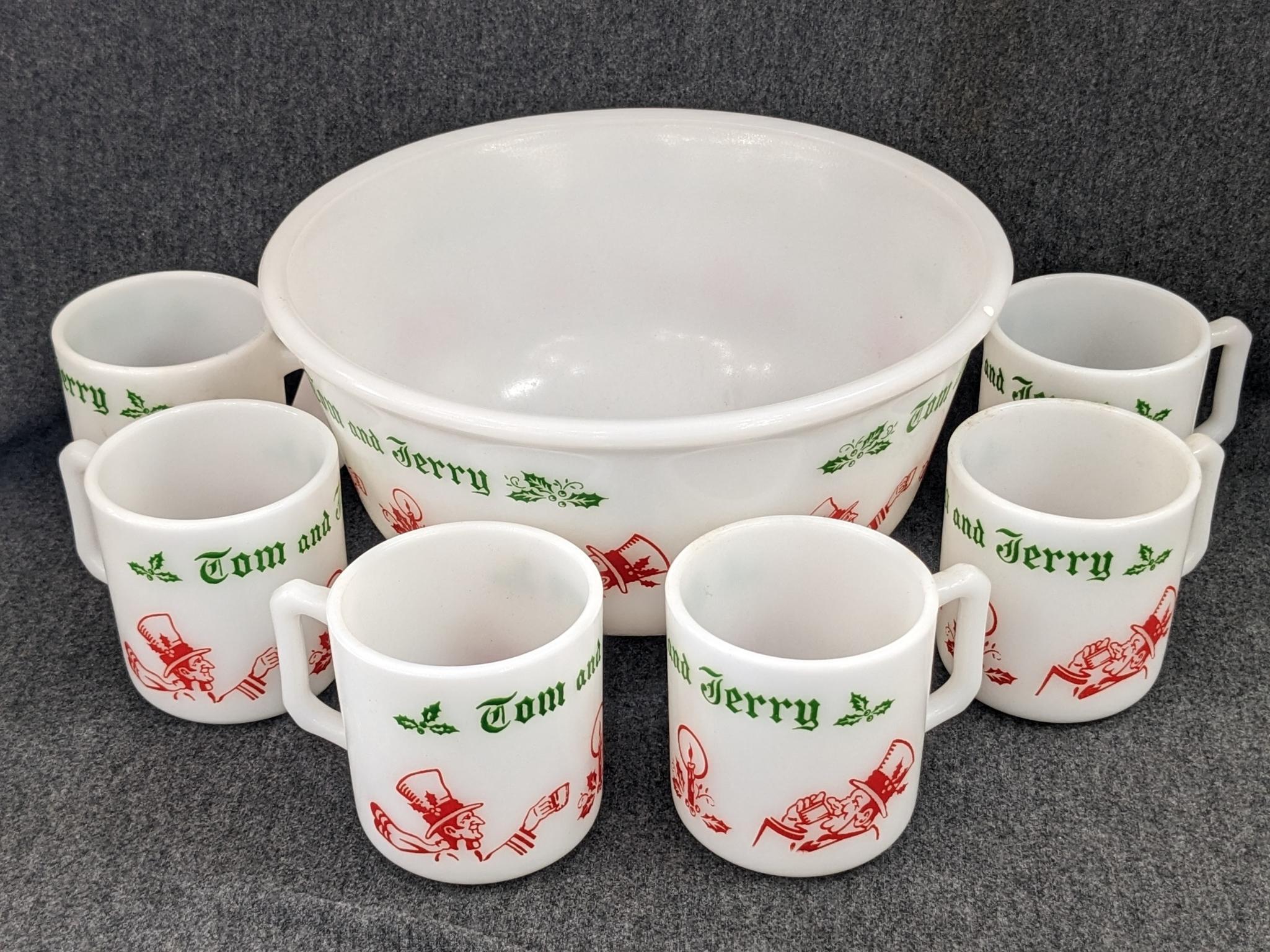 Vintage Hazel Atlas Tom and Jerry Eggnog bowl and cups. Bowl measures 9" wide, mugs are 3" tall all