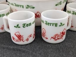 Vintage Hazel Atlas Tom and Jerry Eggnog bowl and cups. Bowl measures 9" wide, mugs are 3" tall all