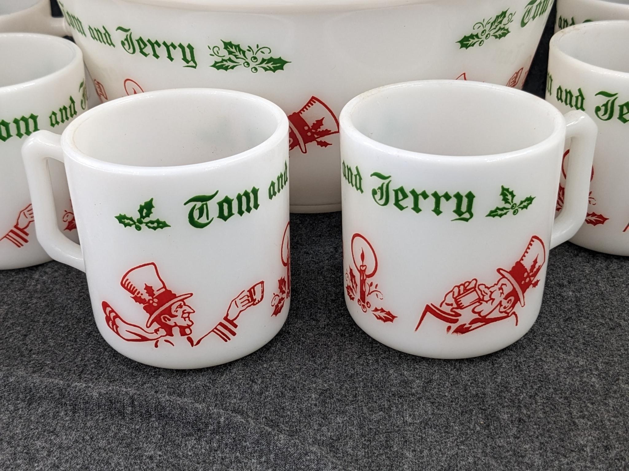 Vintage Hazel Atlas Tom and Jerry Eggnog bowl and cups. Bowl measures 9" wide, mugs are 3" tall all