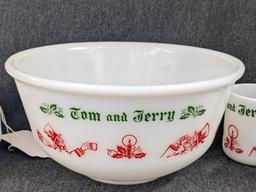 Vintage Hazel Atlas Tom and Jerry Eggnog bowl and cups. Bowl measures 9" wide, mugs are 3" tall all