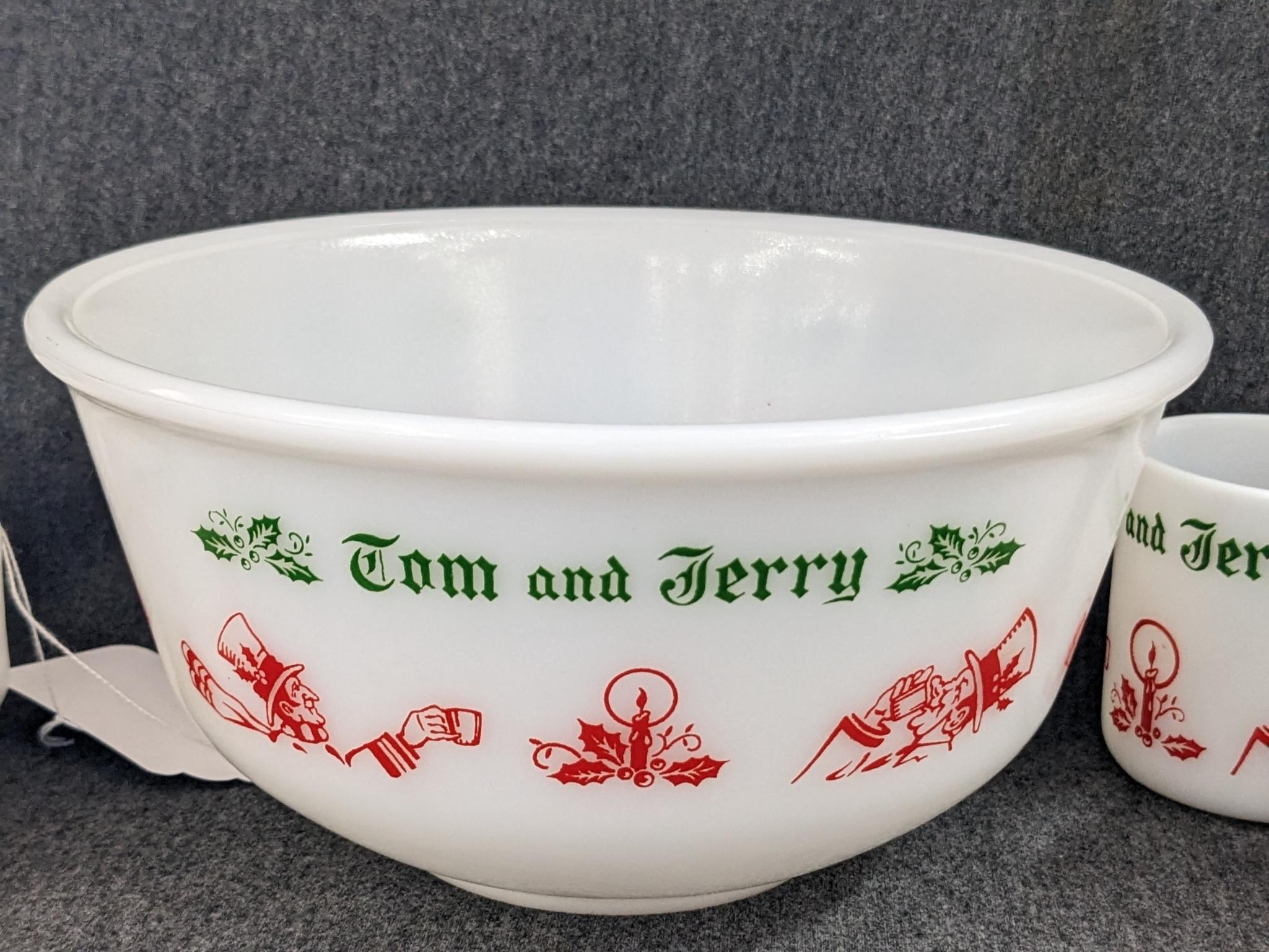 Vintage Hazel Atlas Tom and Jerry Eggnog bowl and cups. Bowl measures 9" wide, mugs are 3" tall all