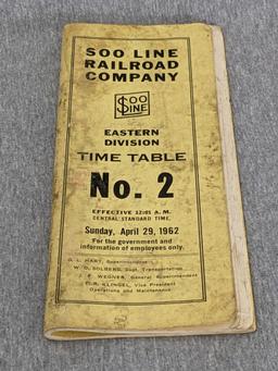 Soo Line railroad company time table No. 2 from Sunday, April 29, 1962; measures 8" x 9-1/2".