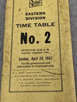 Soo Line railroad company time table No. 2 from Sunday, April 29, 1962; measures 8" x 9-1/2".