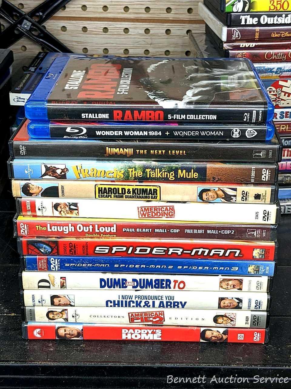 Thirteen DVDs including Jumanji, American Wedding, Spider-Man, Dumb and Dumber To, Daddy's Home,