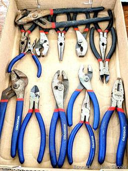 Set of WorkPro pliers; another set of pliers, largest set of slip joint pliers are 10".