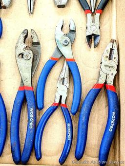 Set of WorkPro pliers; another set of pliers, largest set of slip joint pliers are 10".