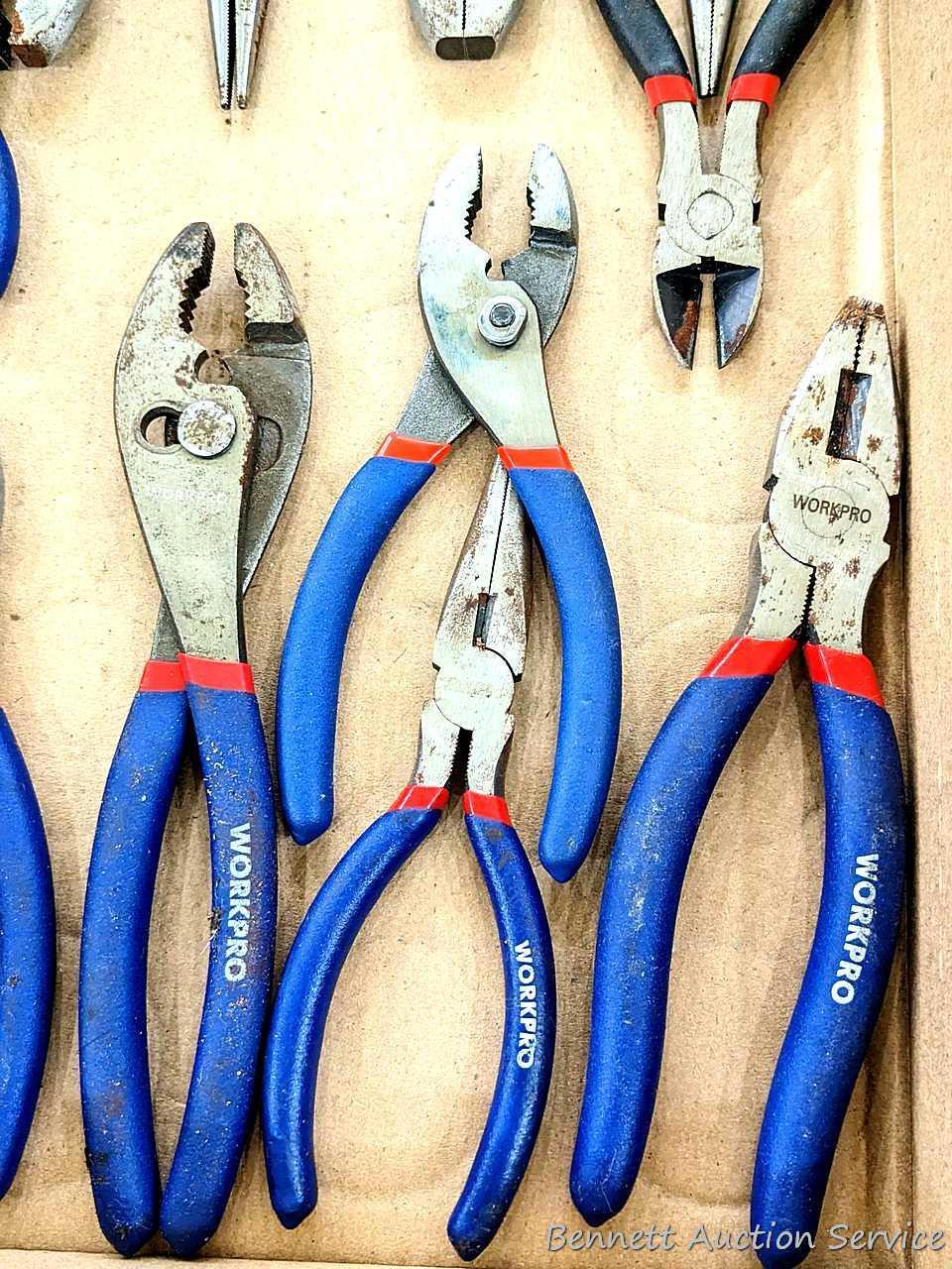 Set of WorkPro pliers; another set of pliers, largest set of slip joint pliers are 10".