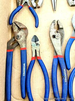 Set of WorkPro pliers; another set of pliers, largest set of slip joint pliers are 10".