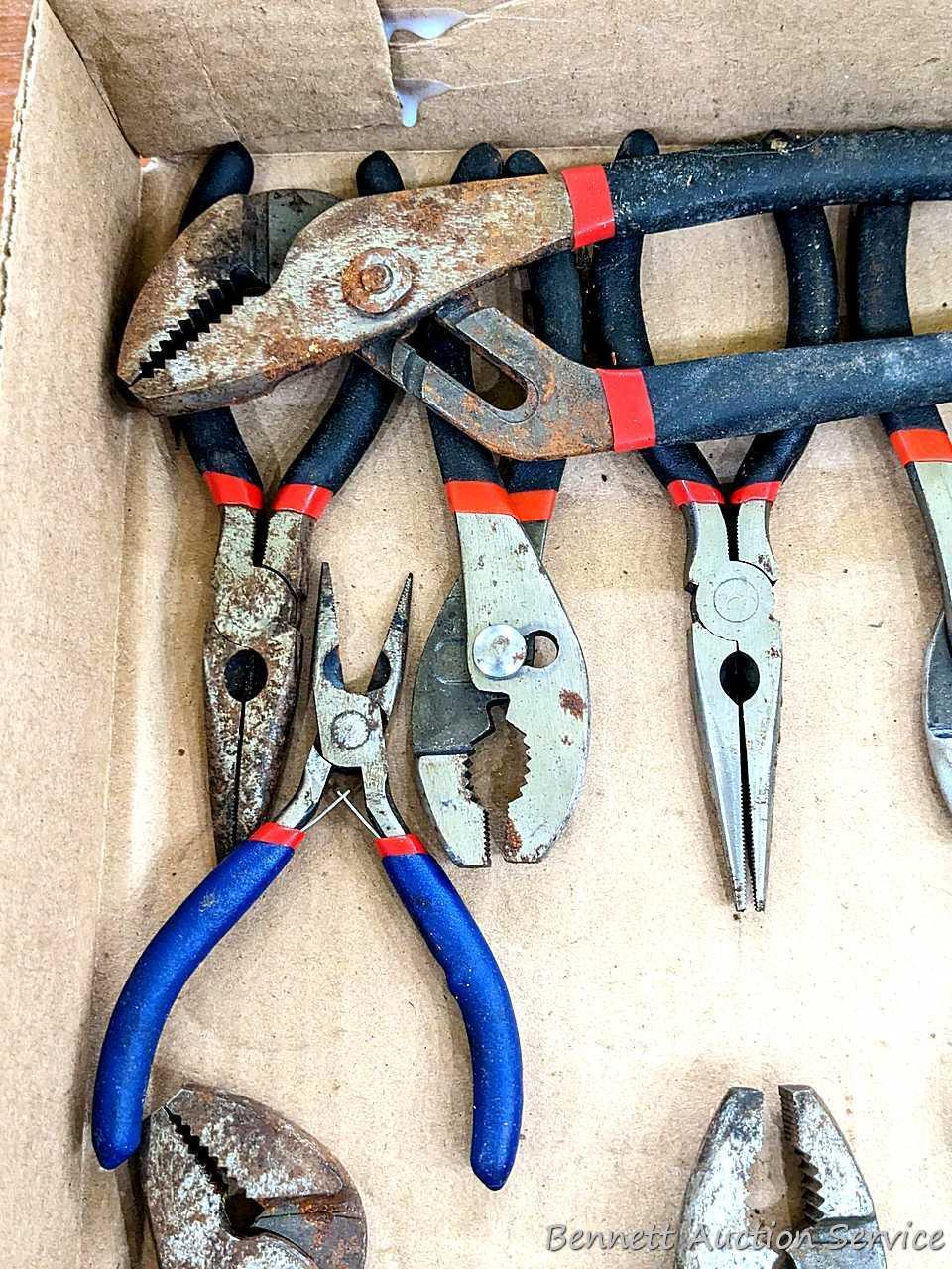 Set of WorkPro pliers; another set of pliers, largest set of slip joint pliers are 10".