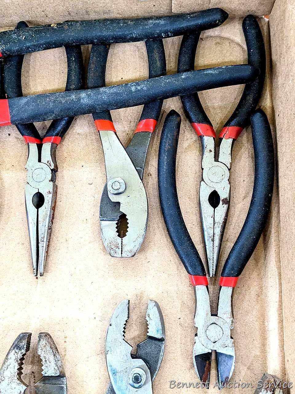 Set of WorkPro pliers; another set of pliers, largest set of slip joint pliers are 10".