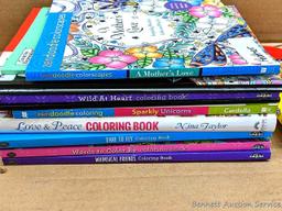 CraZArt, Zendoodle and other coloring books. Also includes some gel pens, pencils and markers.