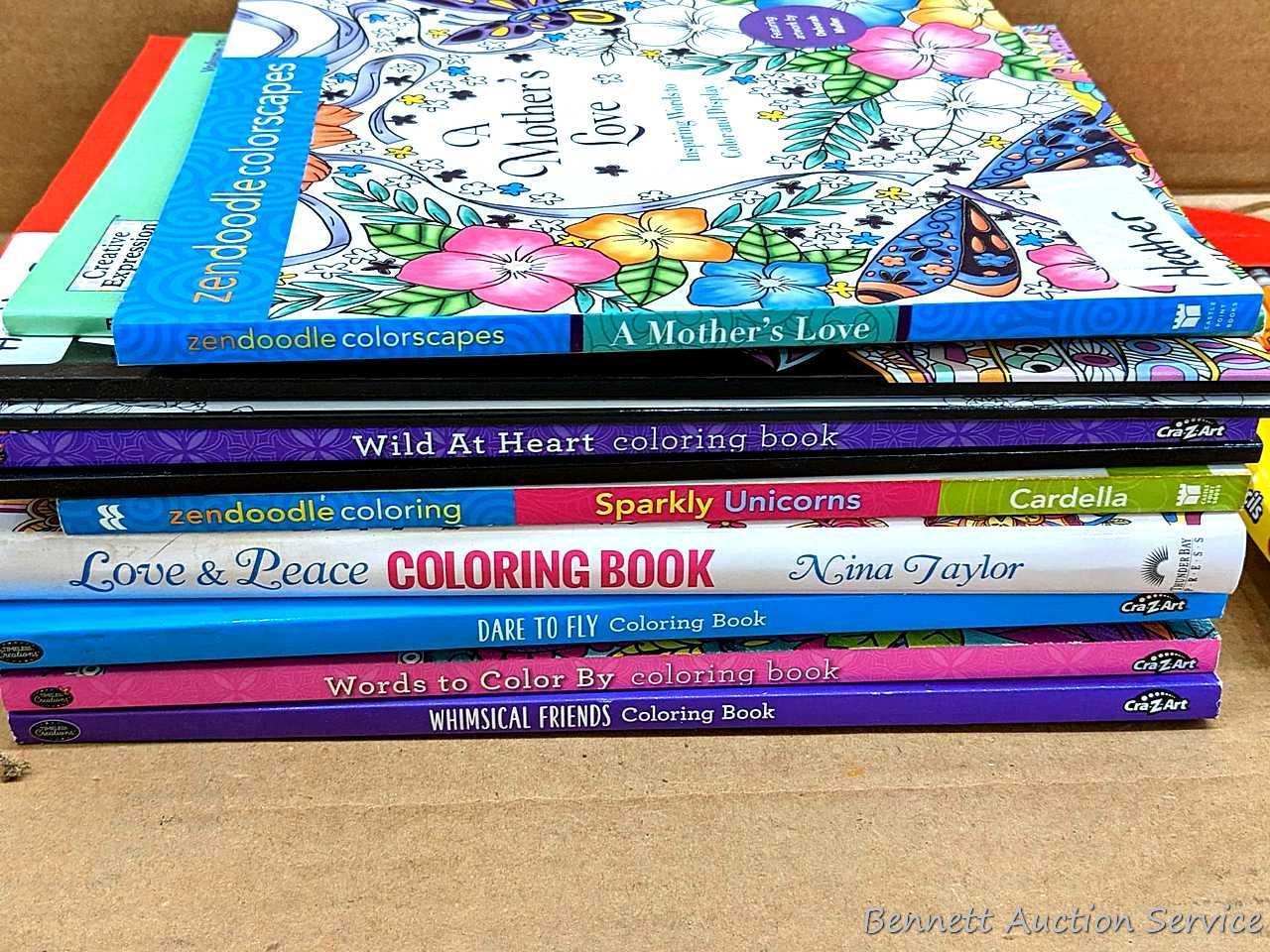 CraZArt, Zendoodle and other coloring books. Also includes some gel pens, pencils and markers.