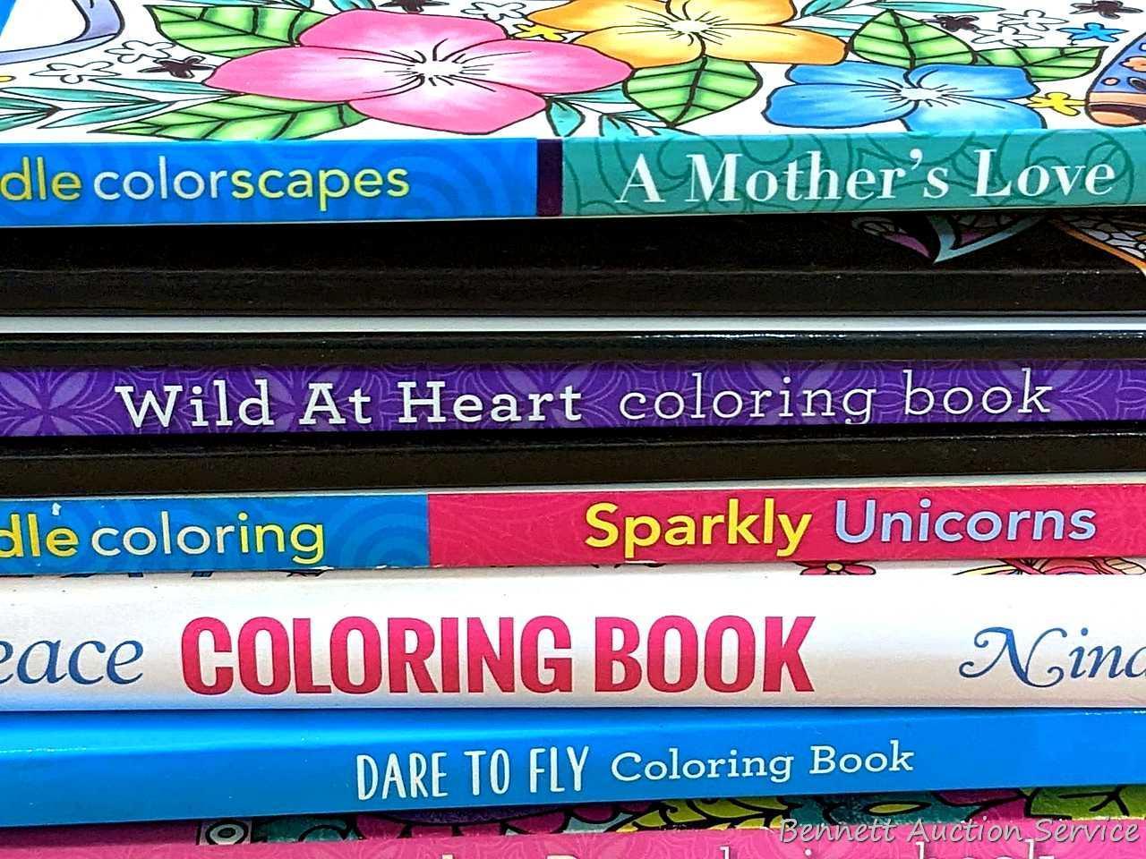 CraZArt, Zendoodle and other coloring books. Also includes some gel pens, pencils and markers.