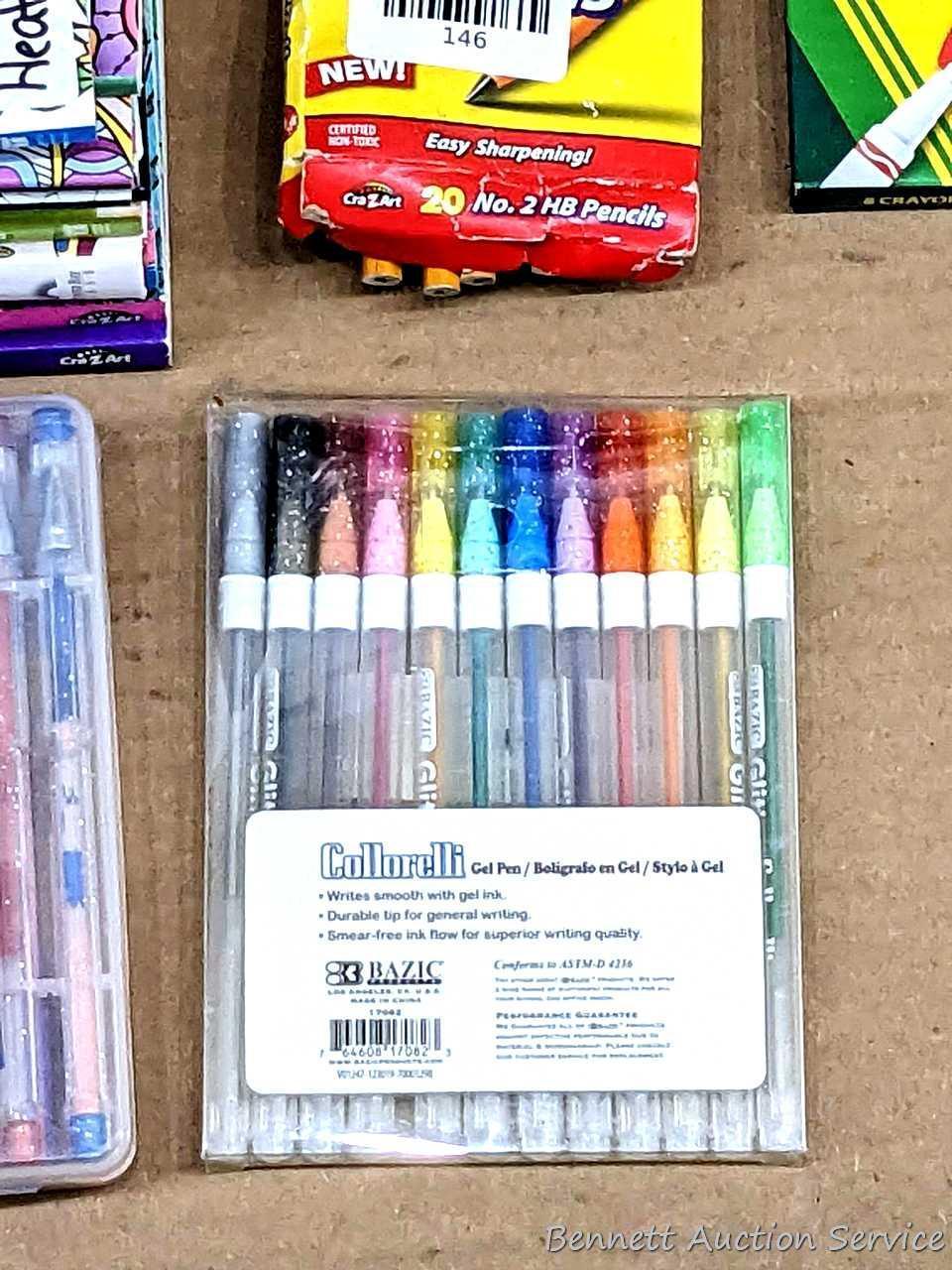 CraZArt, Zendoodle and other coloring books. Also includes some gel pens, pencils and markers.