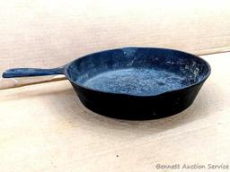Volrath Ware No. 8 cast iron skillet is 10-1/2" diameter and in overall good condition.